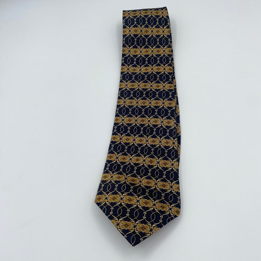 Henry Grethel Navy Blue Gold Print 100% Silk Italy Neck Tie Men's 57"